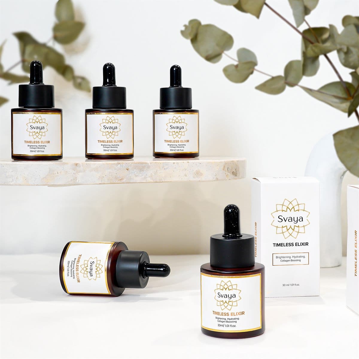 Timeless Elixir serum bottle in warm natural light